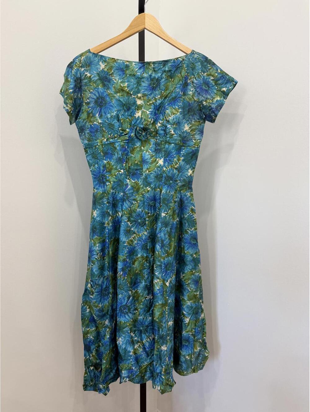 Vintage Blue and Green Floral Dress with Bow Detail *Wounded*